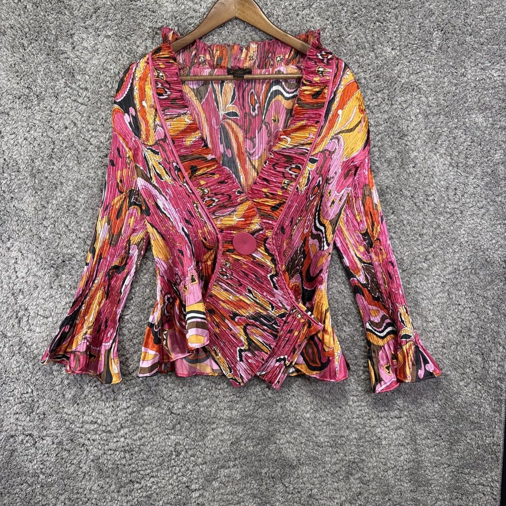 Vintage Y2K Jerry T Accordion Colorful Pink Blouse Top Flare Sleeve Size Large